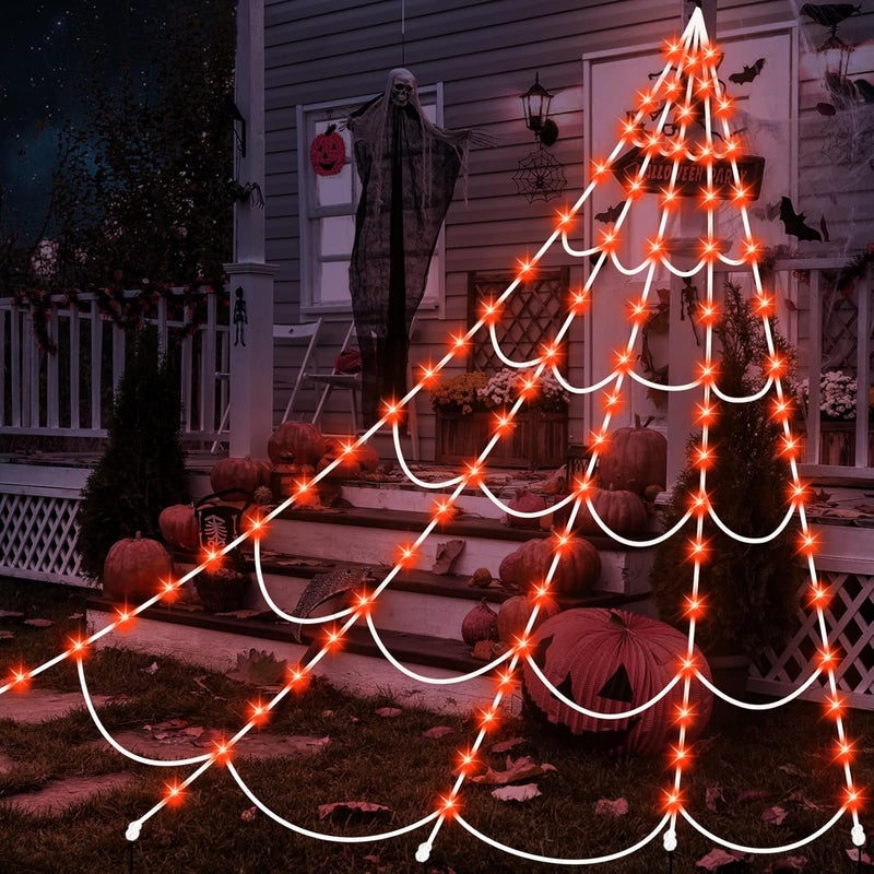Zivilic Halloween Spider Web Lights 150 LED Lighted Spider Web Giant 16.4 Ft Halloween Decorations Light up with 8 Lighting Modes Waterproof & Timer for Outdoor Indoor Yard Haunted House Decor (Orange) - Image 1